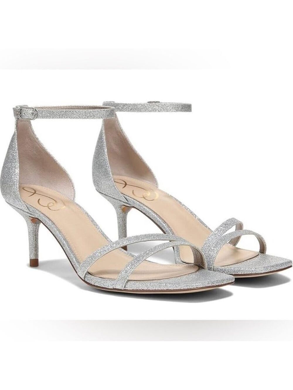 NIB Sam Edelman Peonie Ankle Strap Leather Kitten Heel Sandals in Silver Glitter